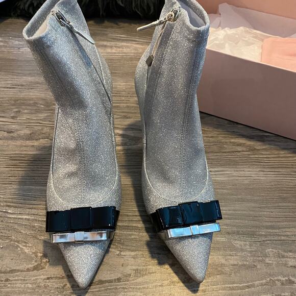 Sophia Webster Andie Bow Mid Heel Stretch Leather Glitter Fabric Ankle Booties - Picture 9 of 16